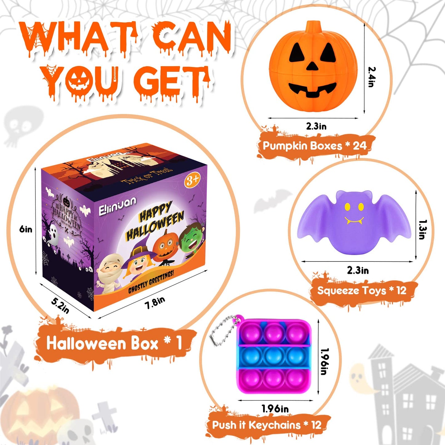 48 Halloween Toys Pack with Pumpkin Box, Halloween Party Favors Gifts for Kids, Squishy Mochi Toys in Bulk with Bubble Push it K