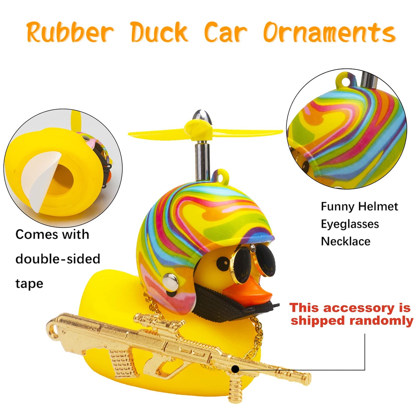 wonuu Rubber Duck Car Ornaments Cool Yellow Duck Car Dashboard Decorations Squeaky Glasses Duck with Propeller Helmet for Car ccessories Dashboard (Rainbow-Yellow G)