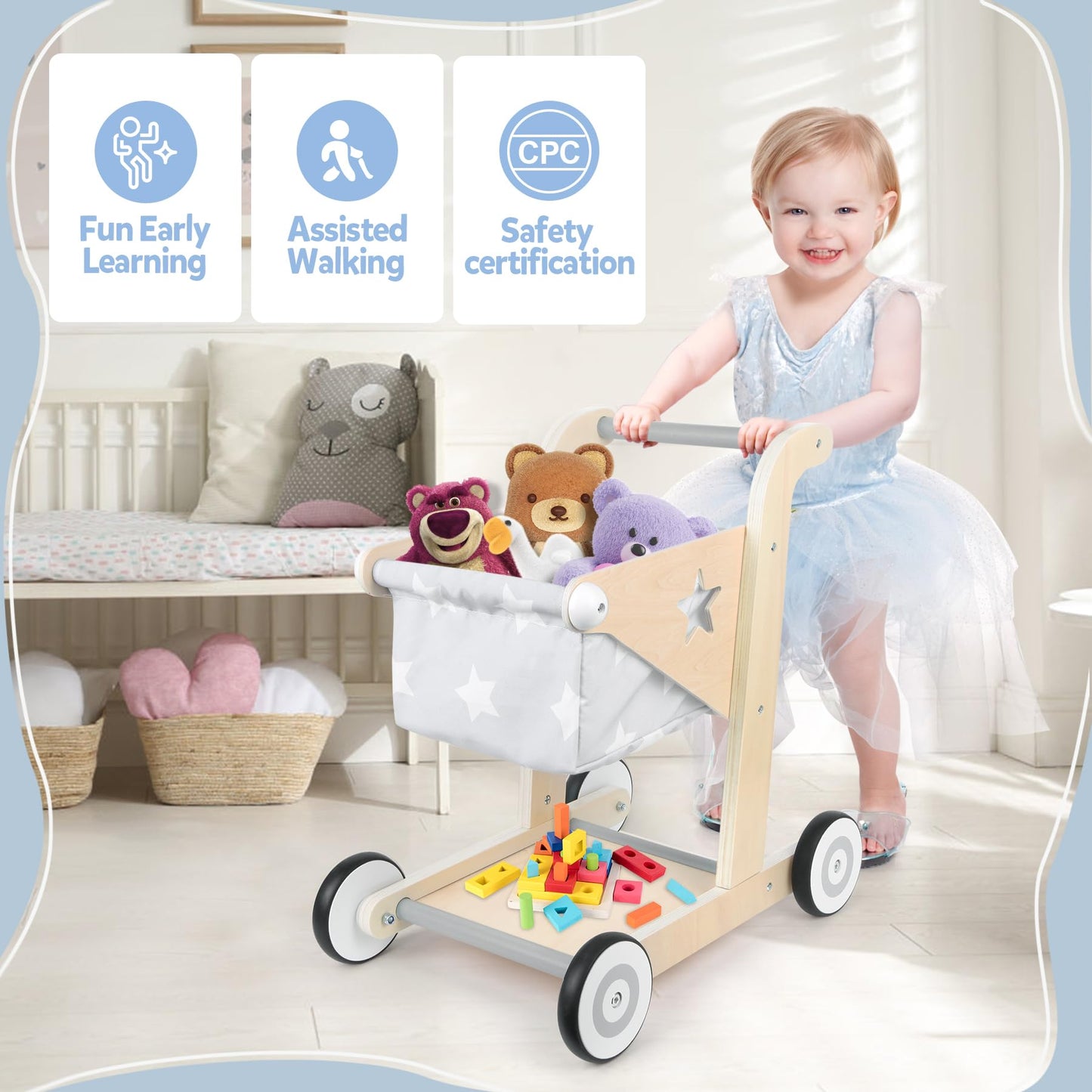 Asweets 2 In 1 Wooden Baby Walker Push And Pull Doll Stroller,Shopping Cart Learning Walker For Boys And Girls Sit Stand Learning Walker Toddler Toy