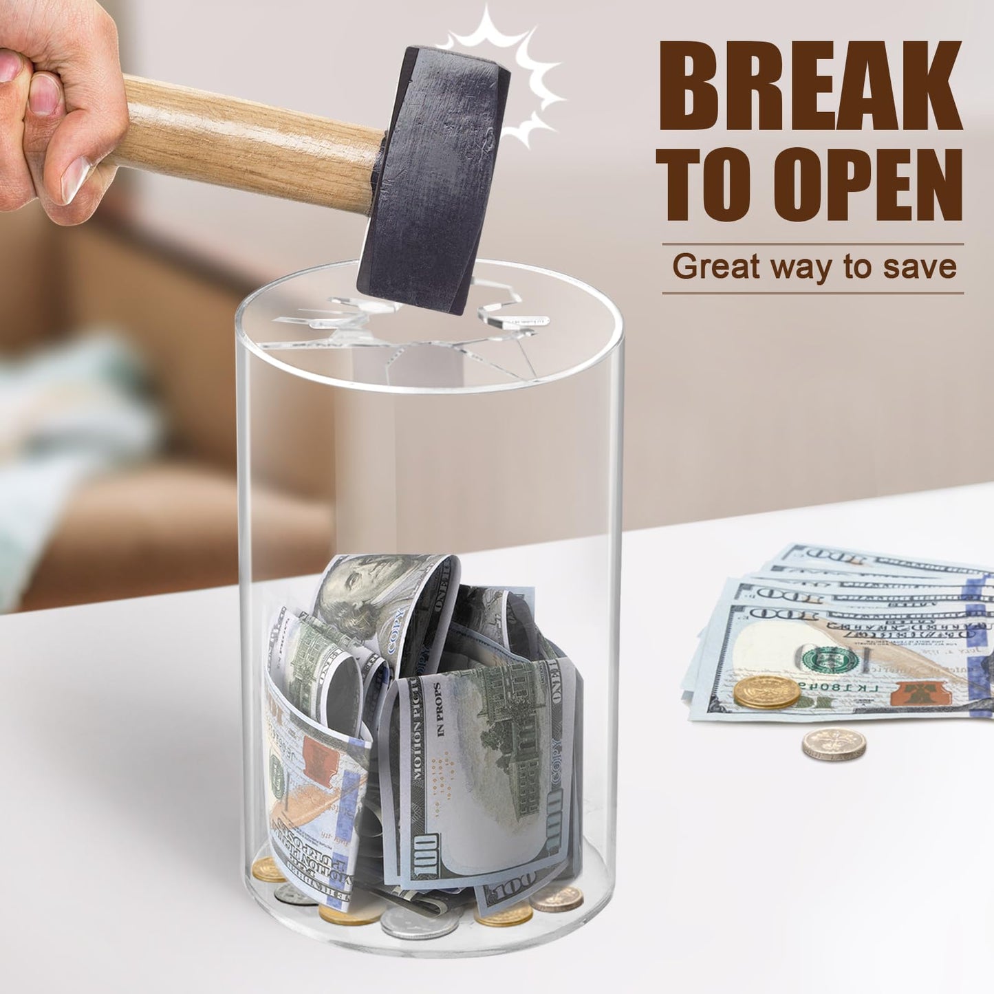 Hicocool Clear Piggy Bank, Acrylic Piggy Bank For Adults Must Break To Open, Unopenable Money Saving Box For Boys Girls Birthday Gift (8' H X 5' D)