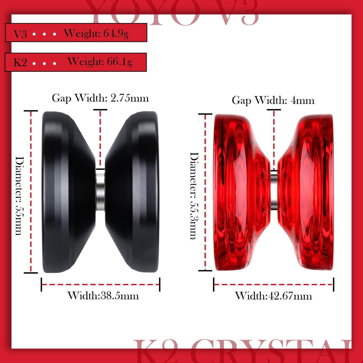 ShungRu Yoyo 2 Pack Responsive for Kids, V3 Black & K2 Red, Professional Metal & Crystal YoYos, 12 Strings, 2 Cases, Bearing Tool
