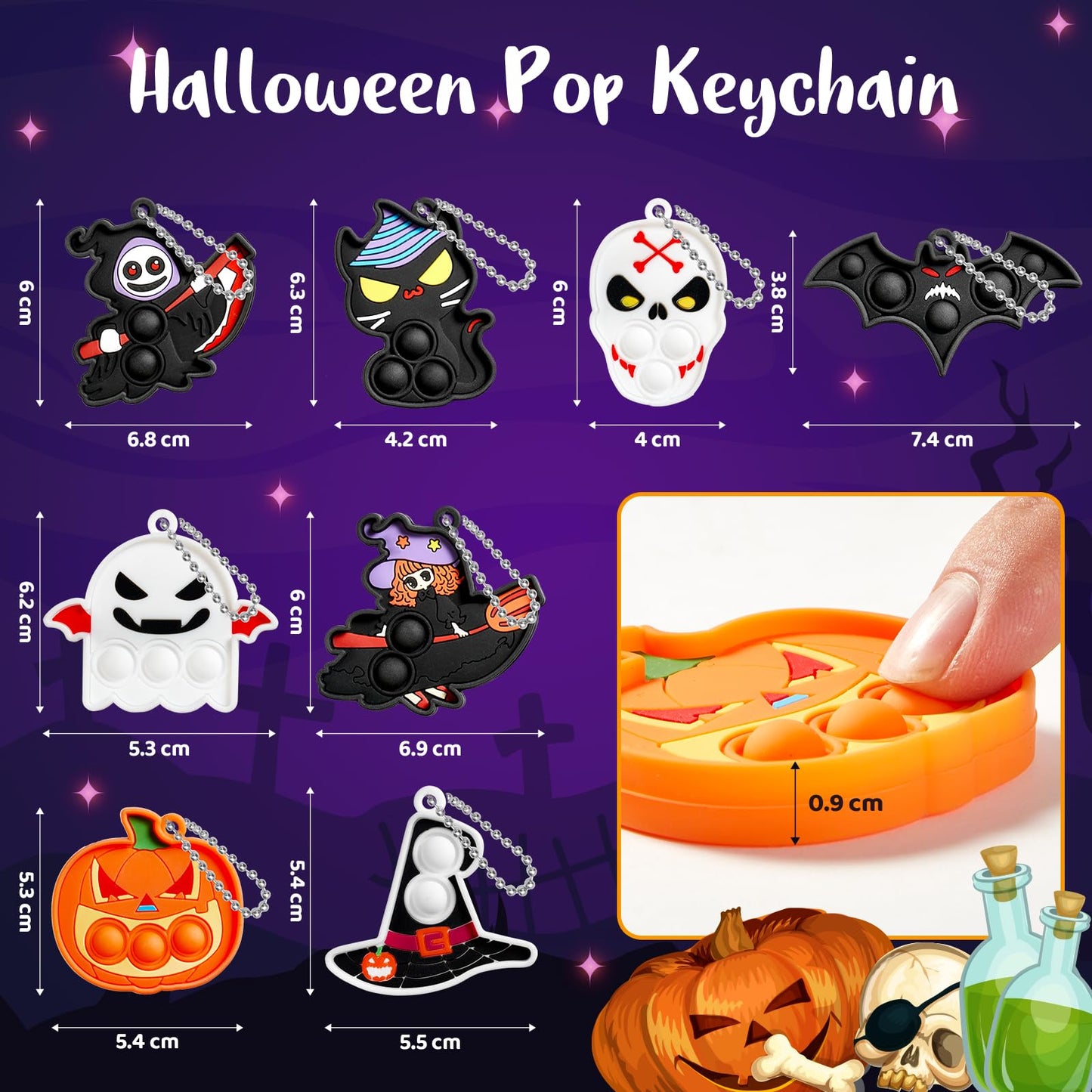 FIDWOD 64pcs Halloween Party Favors for Kids: Stocking Fillers Pop Keychains - Box Fillers Party Favours for Children- Fidget To
