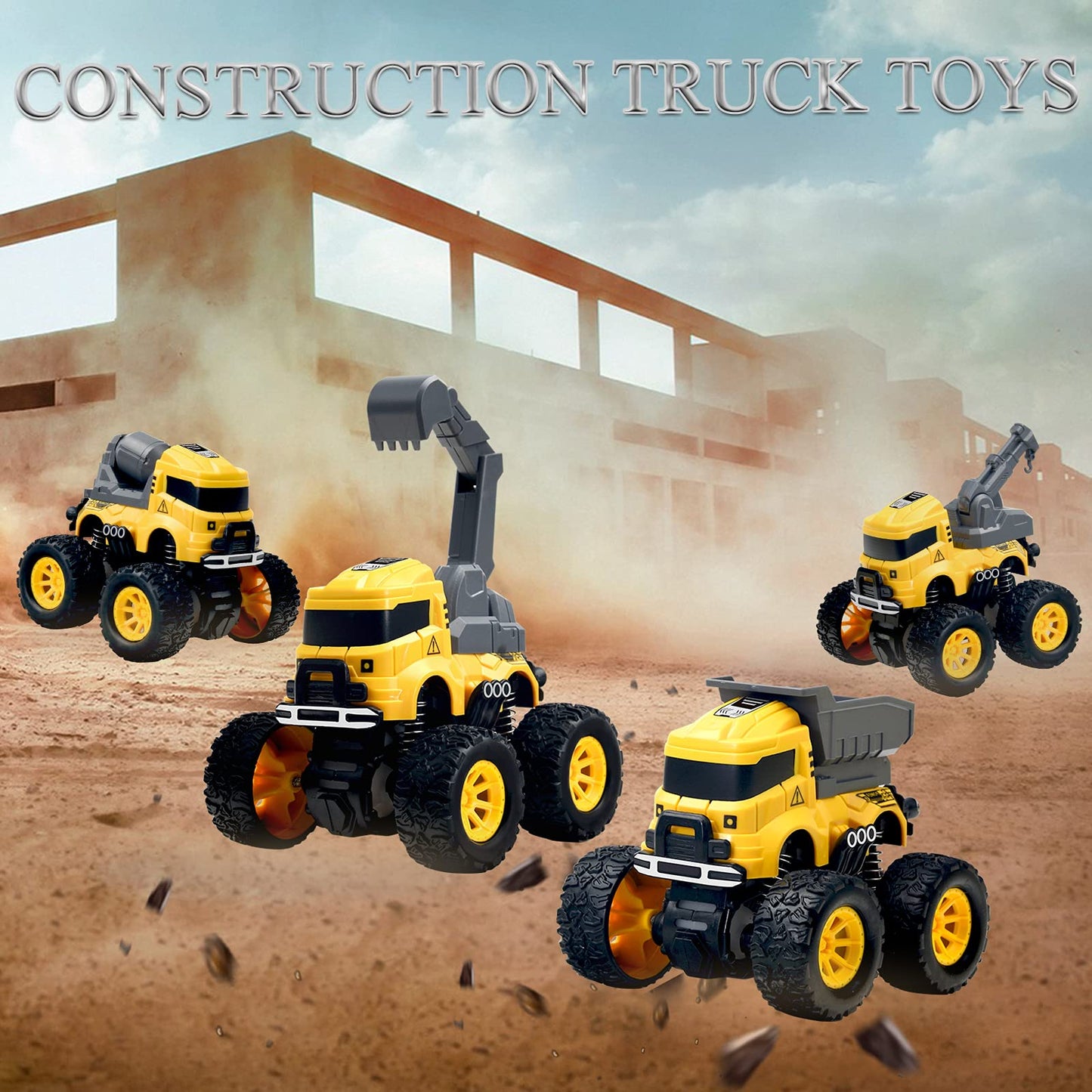 Construction Truck Toys - 4 Pack Excavator, Mixer, Crane, Dump Trucks Push and Go Friction Powered Cars Monster Stunt Vehicles P