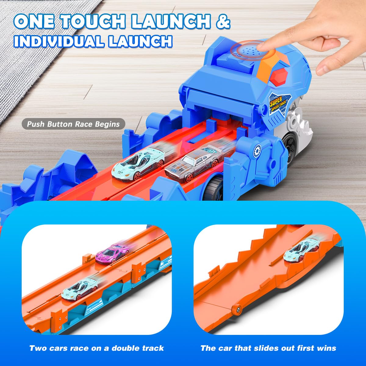 TERRAMUS Dinosaur Transport Truck Car Toy for Kids - 3 in 1 Ejection Folding Track Toys w/Sound, Portable Truck with 8 Race Cars