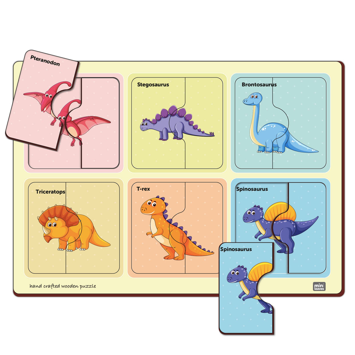 Mini Leaves 2 Pieces Wooden Dinosaur Puzzle Kids Toys For 25 Years Boy Educational Jigsaw For 2+ Year Old Boy Child Safe & Dura