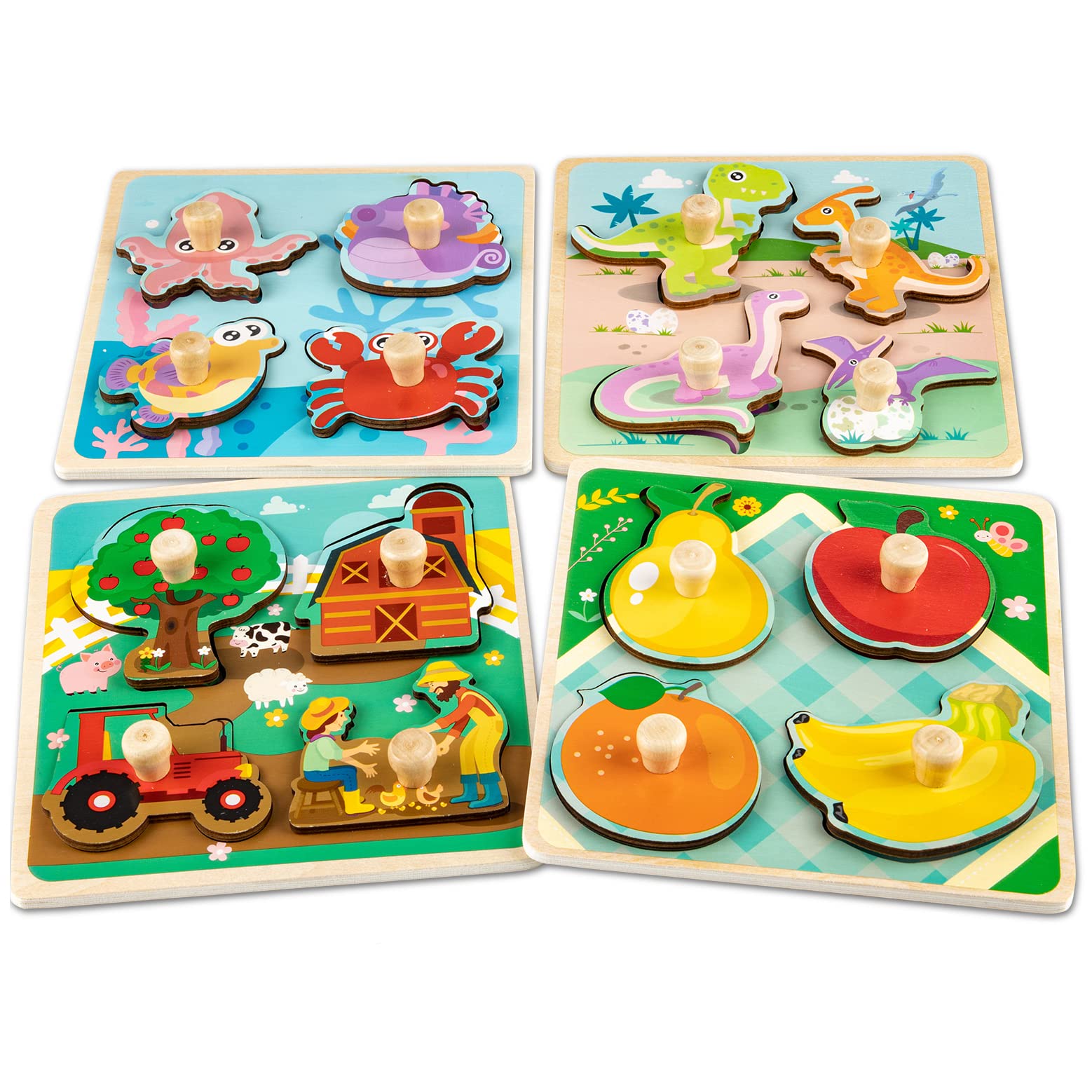 Funsland Wooden Puzzles for Toddler Peg Puzzle Toys, Wooden Jigsaw Puzzles Zoo Animal Patterns Puzzle with Handles Educational M