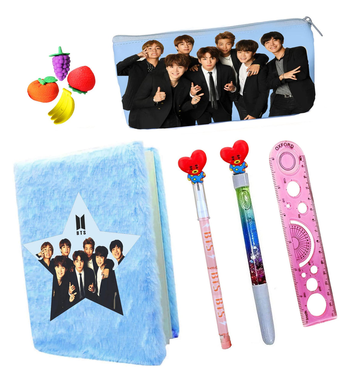 KOBBET 9pcs BTS Army Team Stationery Combo for Kids for School Bt21 Water Glitter Pen Pencil BTS Dairy Fancy Eraser, Ruler for 
