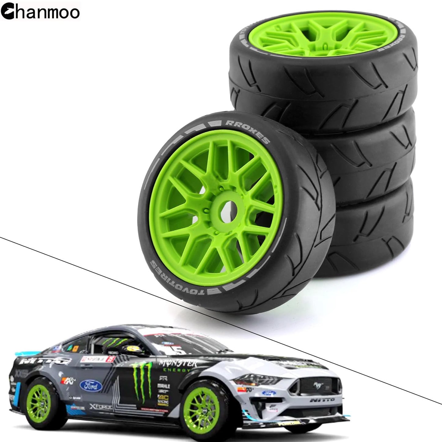 Chanmoo 1/8 RC On Road Car Tires and Wheels Rims 17mm Hex 103mm Rubber Rally Tyres for 1:8 Scale RC On-Road Racing Car HPI WR8 H