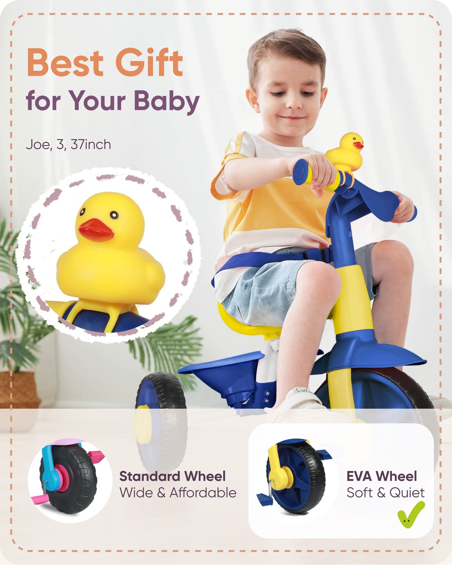KRIDDO 2 in 1 Kids Tricycle, EVA Wheels, Push Handle, Age 18 Months to 3 Years, Blue