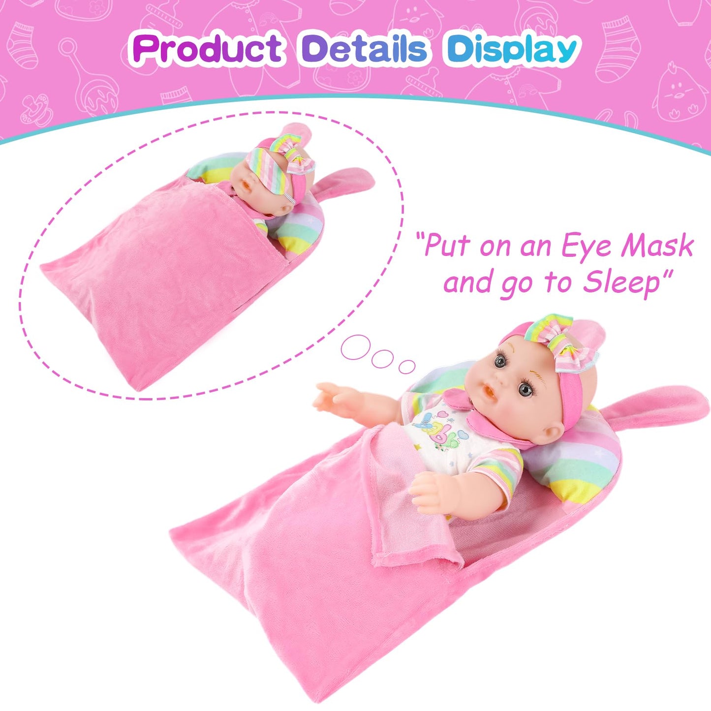 Zntwei 12 Inch Baby Doll Playset Sleeping Bag And Rainbow- Themed Doll Accessories, Dolls Toys For 3 Year Old Girls And Boys And