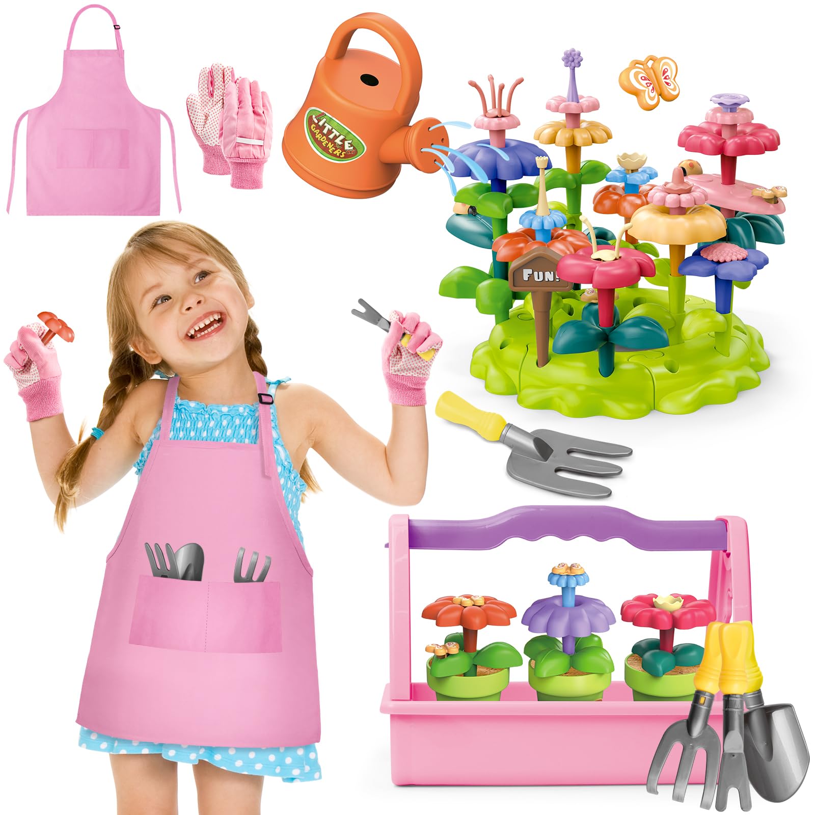 deAO Kids Gardening Set 14Pcs Gardening Tools Set with Storage Box& Apron - DIY Flower Garden Building Toys Set for Boys Girls O