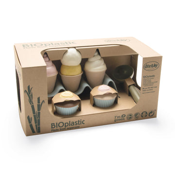 Dantoy Bio Kids’ Ice Cream & Cupcake Set (15 Pieces), Green Sugarcane Bioplastic Toy, Cones, Scoop, Cupcake Paper Cups, & Icing, Made In Denmark, Ages 2+