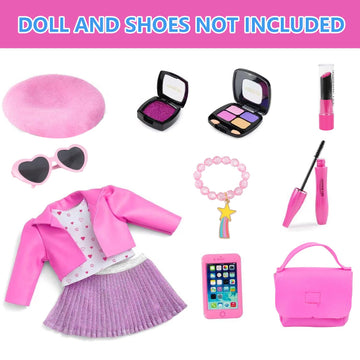 American 18 Inch Doll Makeup Accessories And Clothes,Tote Bag Set For 18'' Dolls Include Berets Outfits Sunglasses Phone Eye Sha