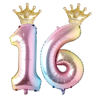 16 Number Balloon Rainbow 40 Inch Big Foil Crown Helium 16Th Balloons For 16 Year Old Boy Girl Birthday Party Decorations Weddin
