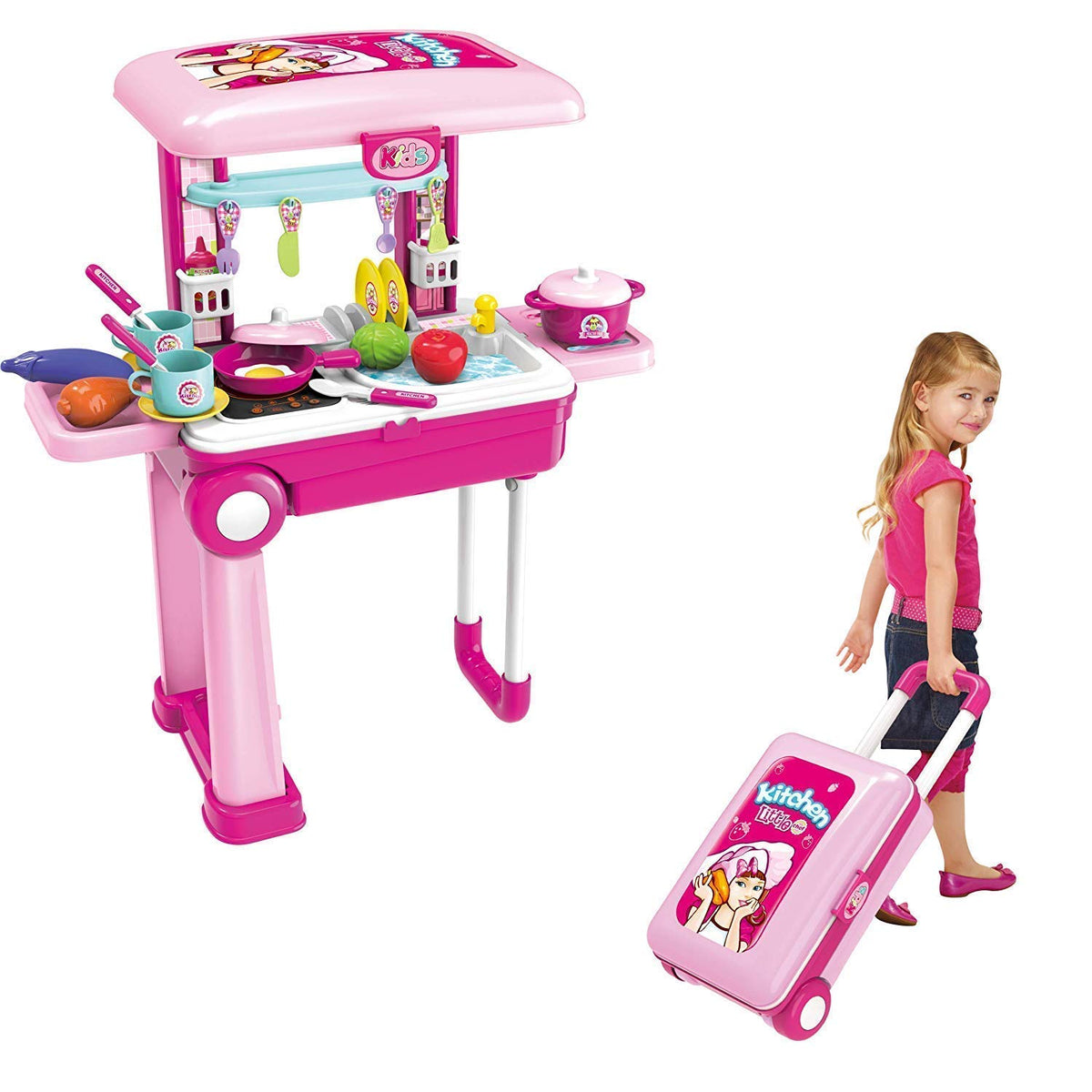 Dherik Tradworld Little Chef 2 in 1 Kitchen Play Set, Pretend Play Kitchen Kit for Kids with Suitcase Trolley, Multi Color with 