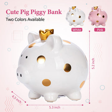 Yjnsft Piggy Bank For Girls, Small Ceramic Toddler Money Saving Bank For Boys, Porcelain Decor Coin Box, Little Decoration Pig Money Container, Unique Birthday Christmas New Year Gift For Kids (White)