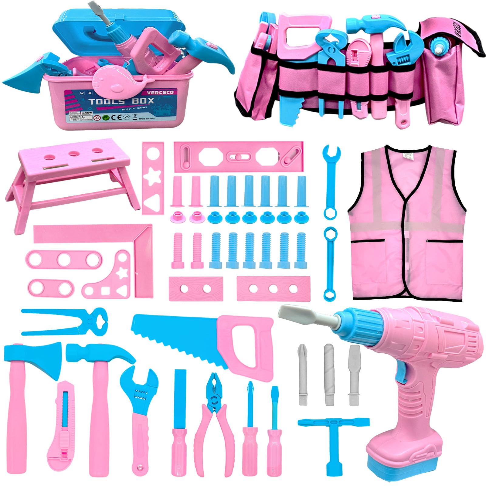 Kids Tool Set 55Pcs Tool Box Toddler Tool Kit For Girls Play Tools Toy With Tool Belt Electronic Toy Drill Safety Vest Pretend P