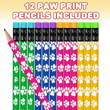 ArtCreativity Paw Print Pencils for Kids - Set of 12 - Wooden Writing Pencils in Assorted Colors with Erasers, Animal Theme and