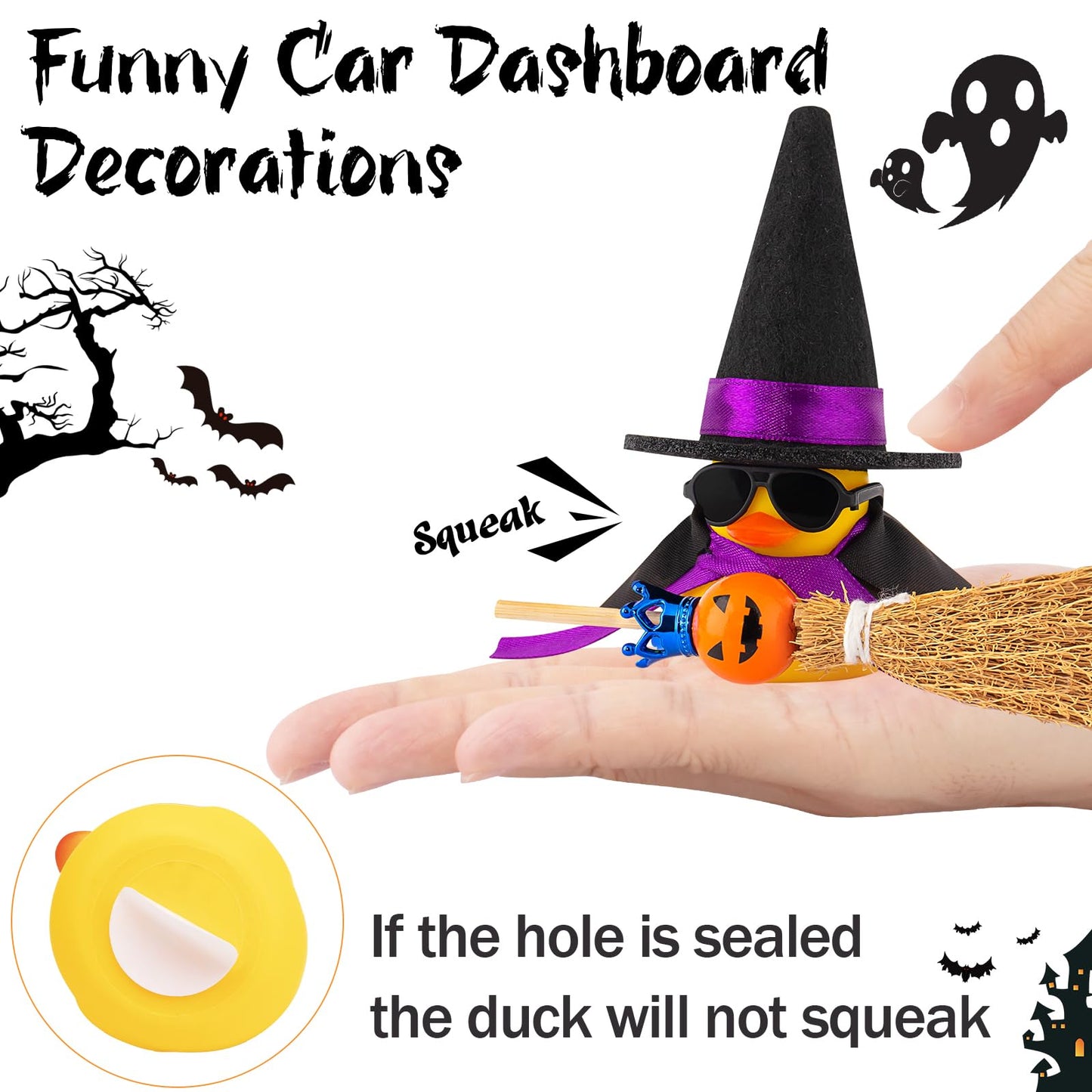Wonuu Halloween Rubber Duck Witch Duck Car Decorations Halloween Accessories Witch Hat Pumpkin Skull And Cloak, Long Black Skirt
