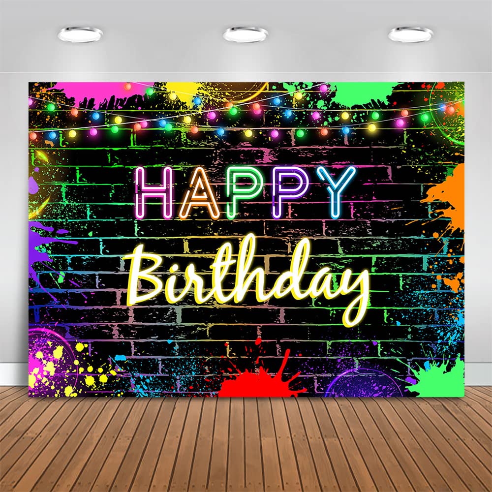 Mocsicka Glow Birthday Backdrop Neon Glow In The Dark Party Decoration Glow Crazy Rainbow Birthday Photo Backdround Photo Prop (