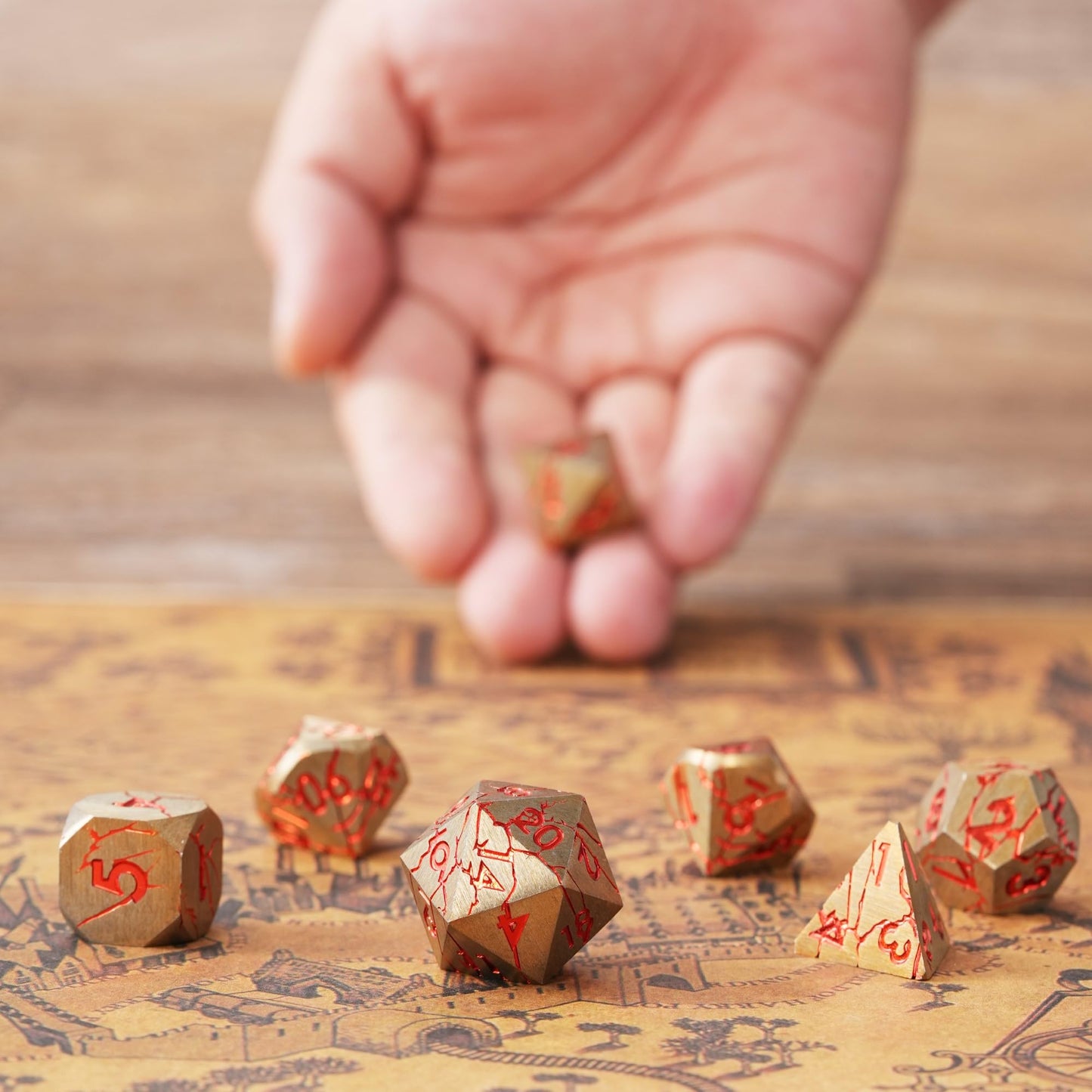 Soar Forge Metal Dice for DND - Pharaoh Ruins Gold Metal Dice with Red Cracks - Polyhedral Dice Set Compatible with D&D, Pathfin