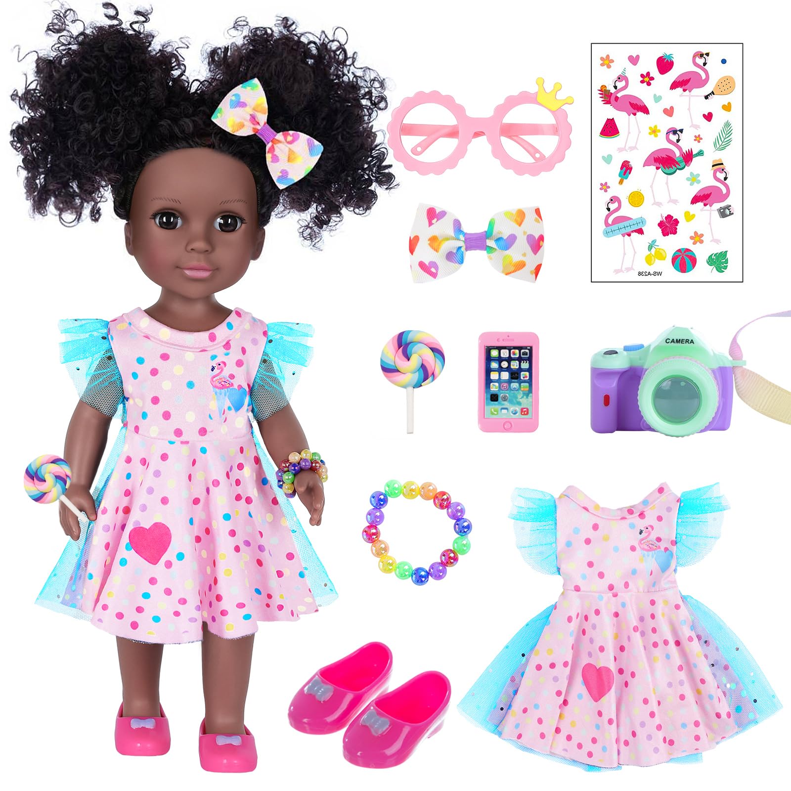 DOTVOSY 14.5 Inch Black Girl Doll with Pink Flamingo Theme Dress  Camera  Sunglasses & Accessories