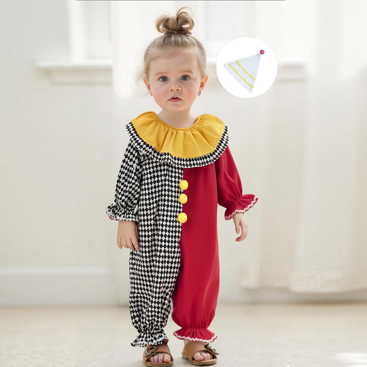 Aiwpstoin Toddler Baby Clown Costume Boy Girl Funny Halloween Outfit Contrast Color Long Sleeve Jumpsuit with Hat (Black, 6-12 M