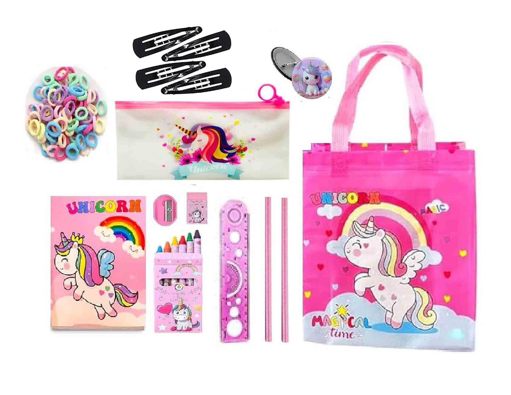 Krisus 12Pcs Unicorn Theme Stationery Set For Girls  Includes Diary, Pencil Pouch, Paper Soap, Hair Clips, Rubber Bands, Scale 
