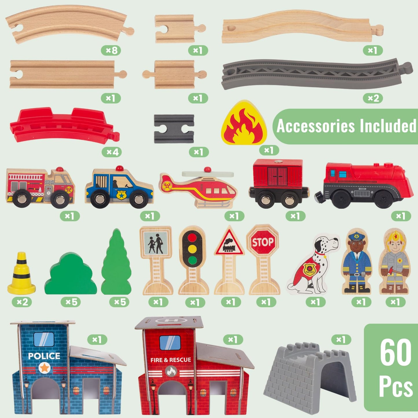 Woodenedu Wooden Train Set For Toddler - 60 Pcs- With Wooden Tracks Fits Thomas, Fits Brio, Fits Chuggington, Fits Melissa And D