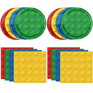 DURYGEN 40PCS Building Blocks Themed Birthday Party Decorations Building Bricks Tableware Party Paper Plates Napkins Building Bl