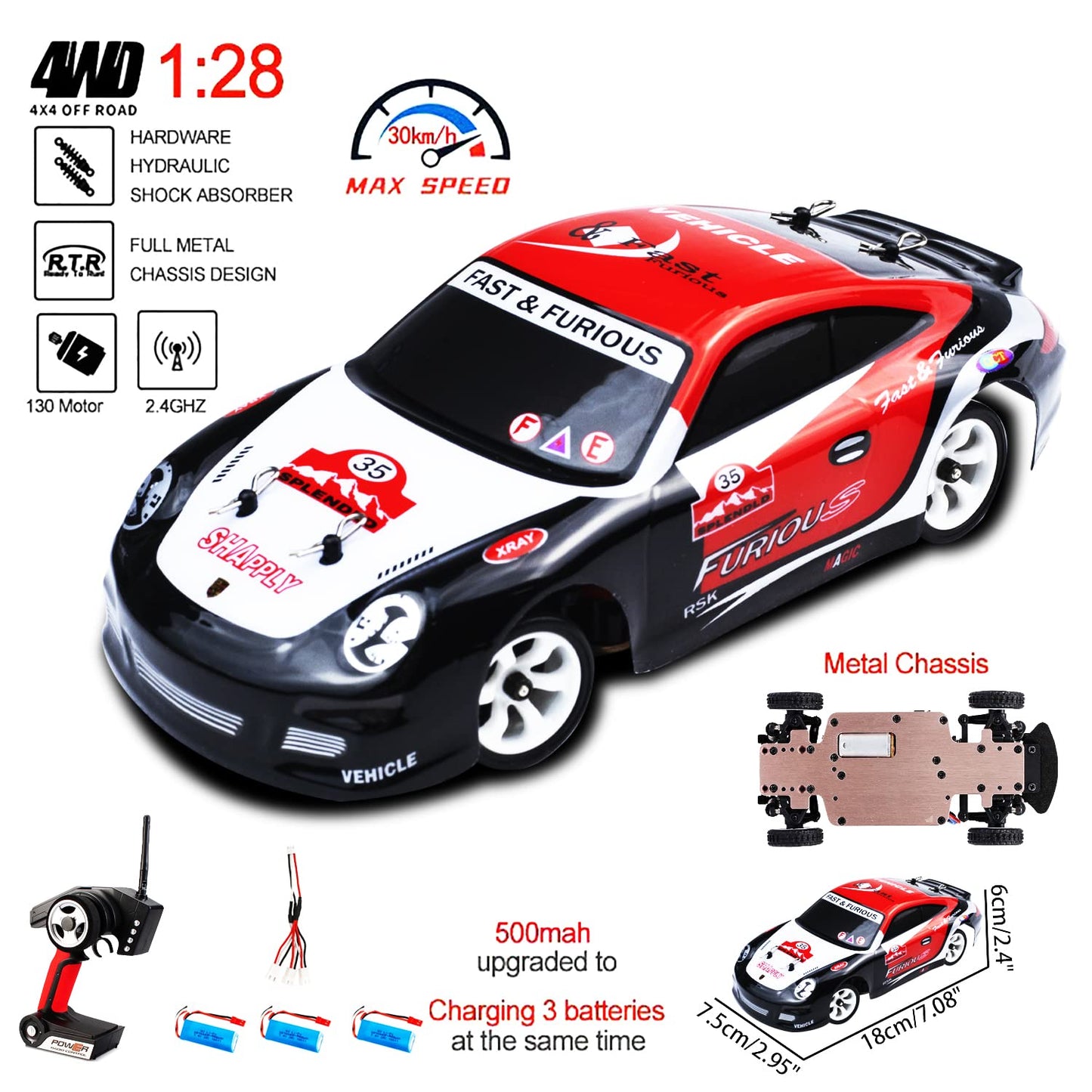 Leoso Wltoys K969 Rc Car, Upgraded 500Mah Battery X 3, 1/28 Scale 4Wd 30Km/H High Speed Rc Racing Drift Car For Kids And Adults