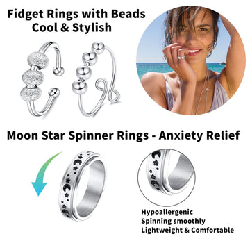 Mucal Fidget Rings For Anxiety 8Pcs Stainless Steel Spinner Ring Anti Anxiety Ring Spinning Moon Star Cool Stress Relieveing Rings For Women Men, Fidget Rings With Beads
