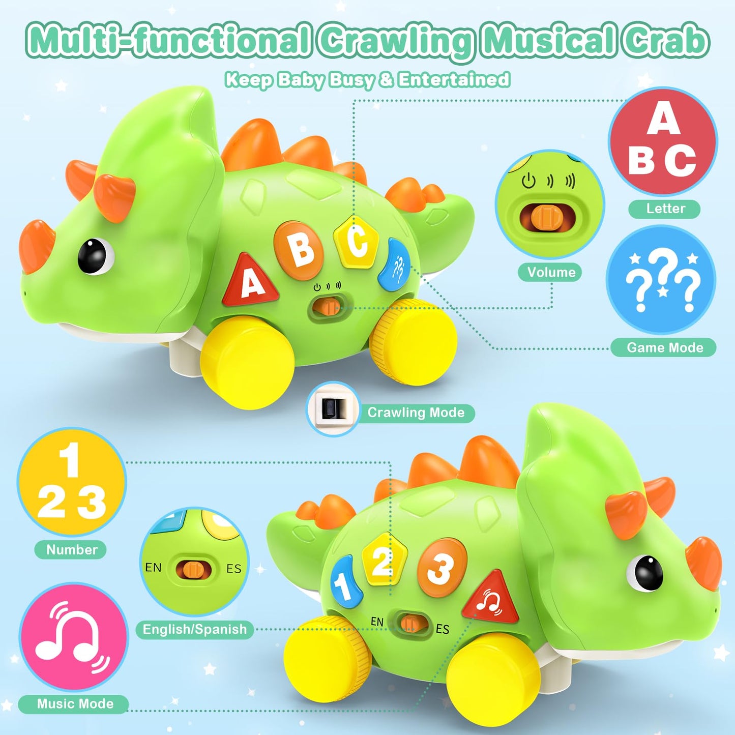 Dinosaur Crawling Toys For 1 Year Old Boy, Musical Baby Toys For 6-12 Months, Early Development Learning Toys For 12-18 Months B