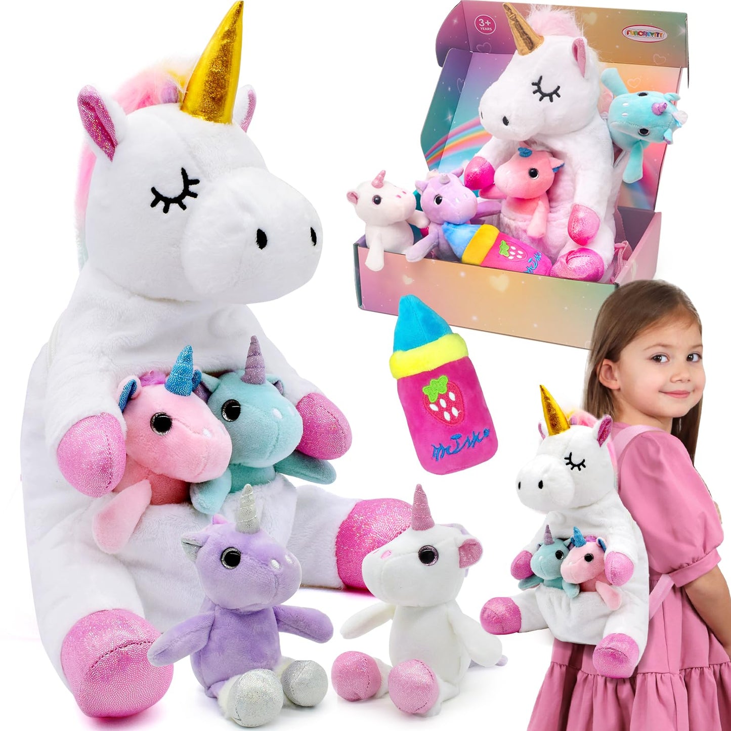 FUNCREVITY Unicorn Plush Toys Set - 5-Pack Mommy Unicorn with 4 Babies, Multicolor, Ideal Gifts for Girls Age 4-8+ for Birthdays & Holidays