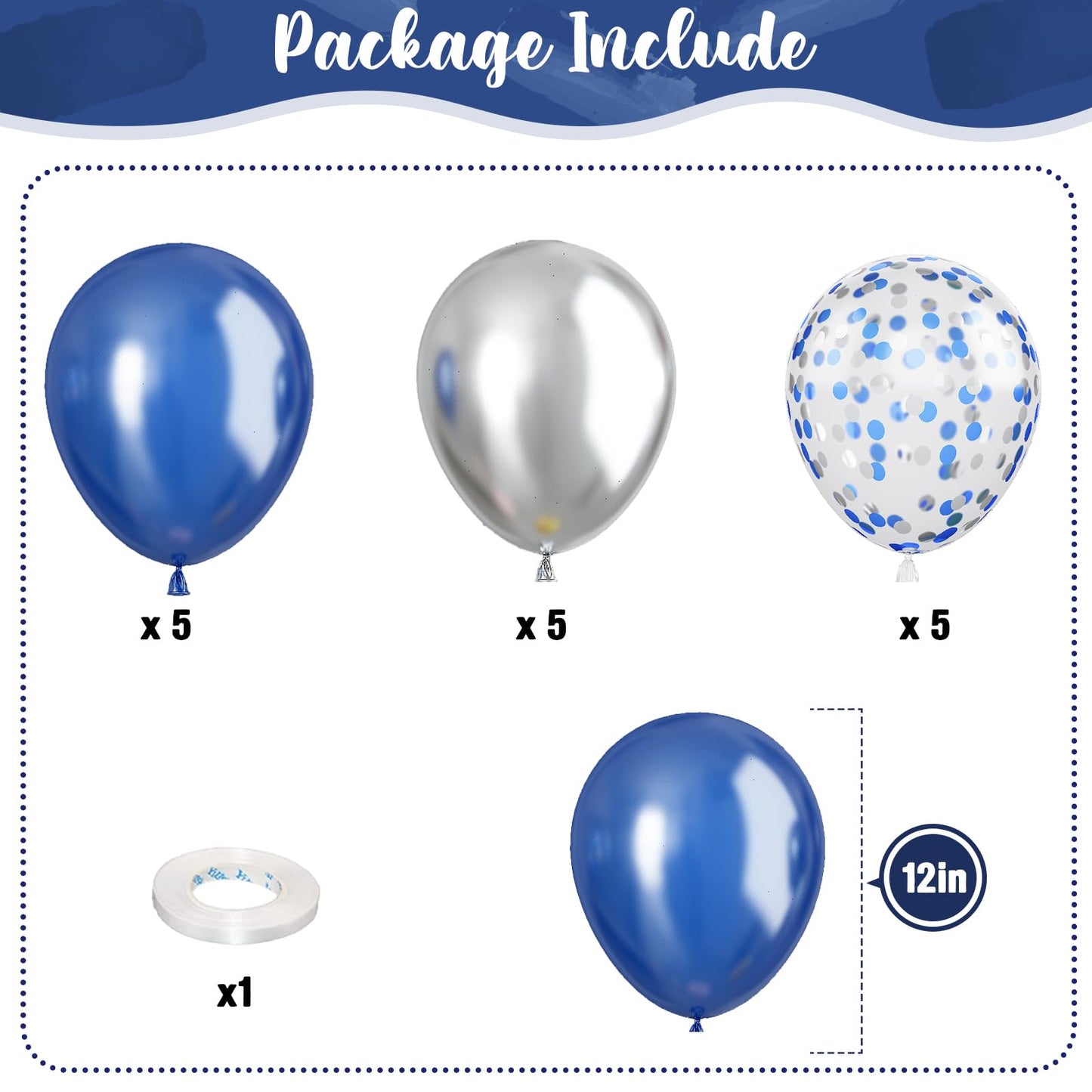 Navy Blue And Silver Balloons, Pearl Navy Blue Metallic Silver Latex Balloons Set Decor With 12 Inch Silver Blue Confetti Balloo