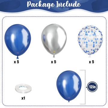 Navy Blue And Silver Balloons, Pearl Navy Blue Metallic Silver Latex Balloons Set Decor With 12 Inch Silver Blue Confetti Balloo