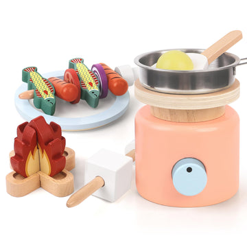 Pillowhale Wooden Campfire Playset - 25-Piece Kids SMores & Grill Pretend Camping Kitchen Toy, Glow-Look Fire, Skewers, Pan & Fo