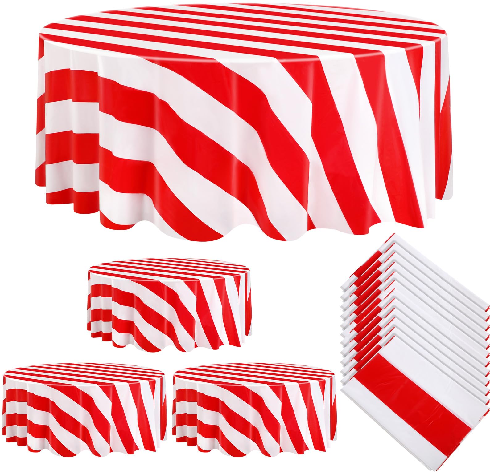 Tatuo 6 Pcs Red and White Round Circus Table Cloth 84 Inch Carnival Circus Tablecloths Striped Disposable Plastic Table Cover fo