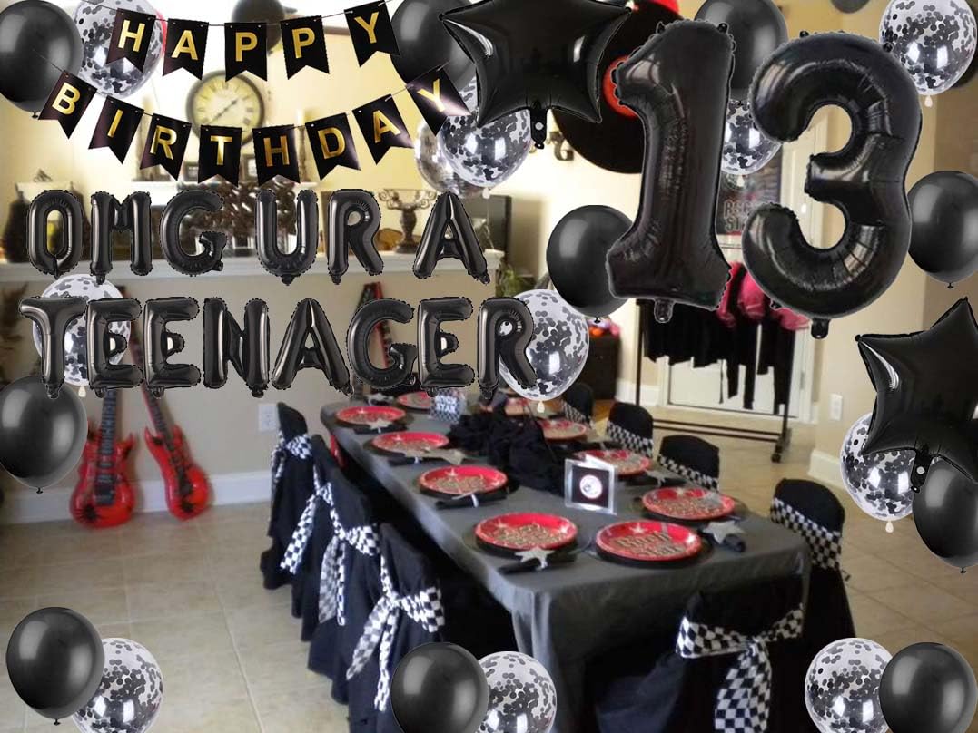 Official Teenager 13Th Birthday Decorations Black For Boys, Omg Ur A Teenager Balloons Black Number 13 Birthday Star Foil Balloo