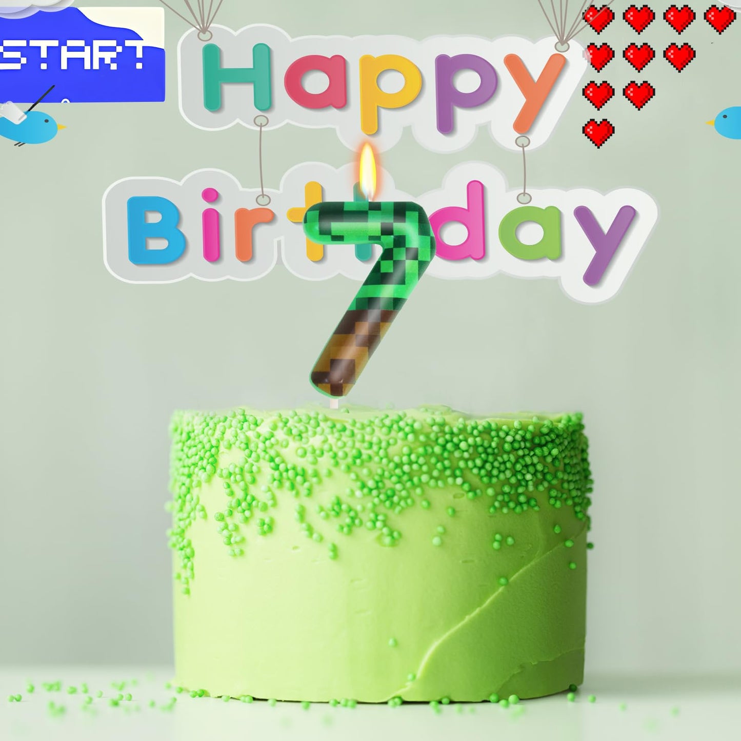 7th Pixel Miner Birthday Candles, Pixels Cake Topper for Boys Girls, TNT Themed Birthday Decorations Party Supplies (Number 7)