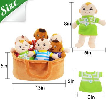 Qpewep Basket Of Babies Plush Dolls, 8' Plush Diversity Baby Dolls- 6 Piece Set Interchangeable Clothes Stuffed Plush Figures For All Ages Easter Gift