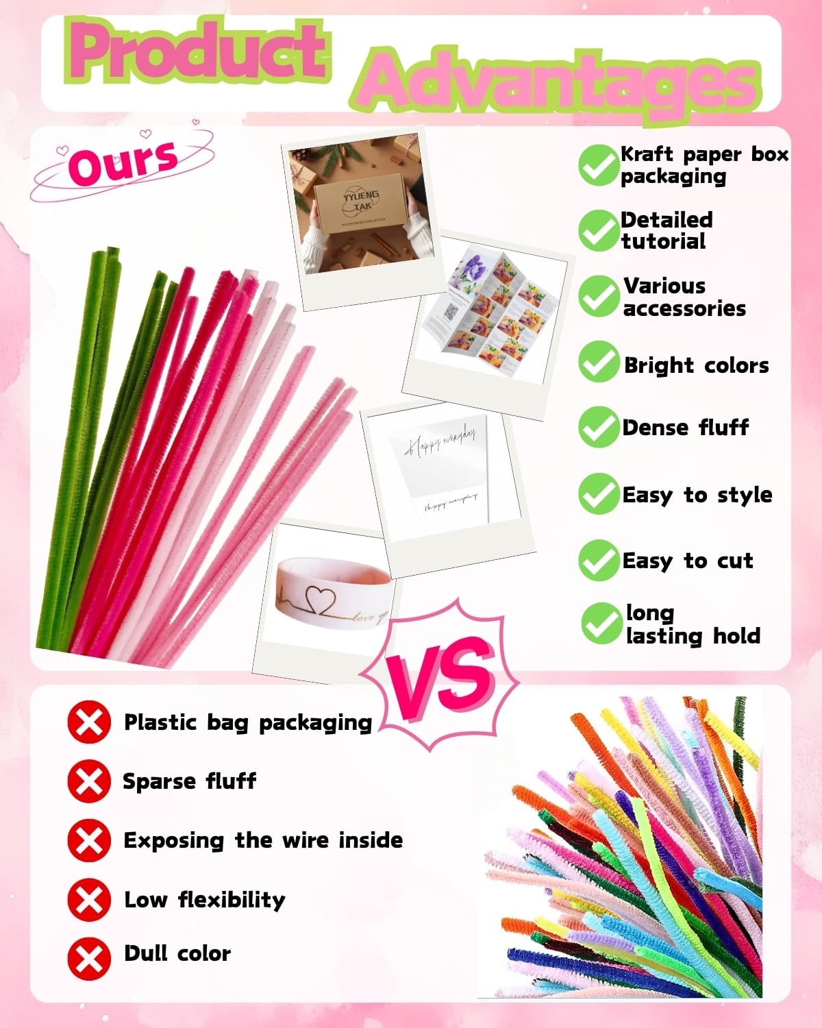 YYUENG TAK Pink Pipe Cleaner Flowers Craft Kit, 200 pcs, Chenille Stem, DIY Tulip Bouquet, 4 Colors, Olive Green, Model YYDP0002
