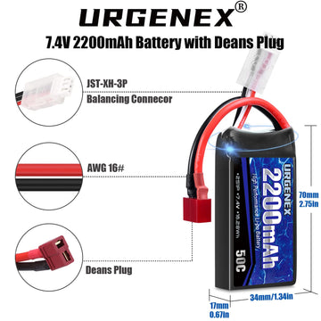 URGENEX 7.4V 2200mAh Lipo Battery 50C(Burst 80C) High Discharge Rate RC Batteries with Deans T Plug Fit for RC Car Truggy, RC Ai