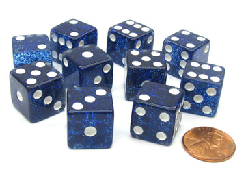 Koplow Games Set of 10 D6 16mm Glitter Dice - Blue with White Pips