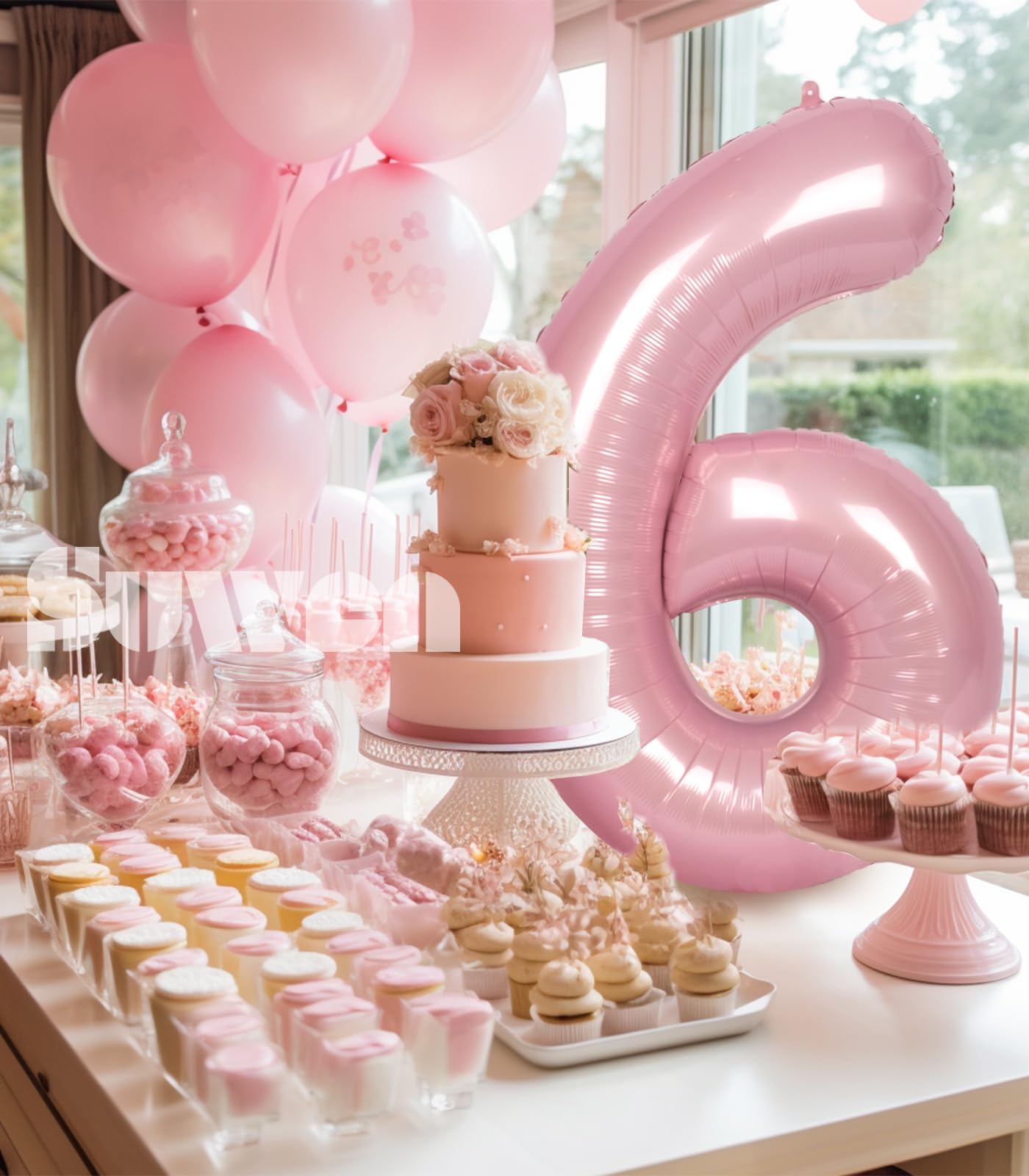 Suwen 40 Inch Pink Large 6 Number Balloons Big Foil Helium Number Balloons 0-9 Jumbo Happy 6Th Mylar Birthday Party Decorations