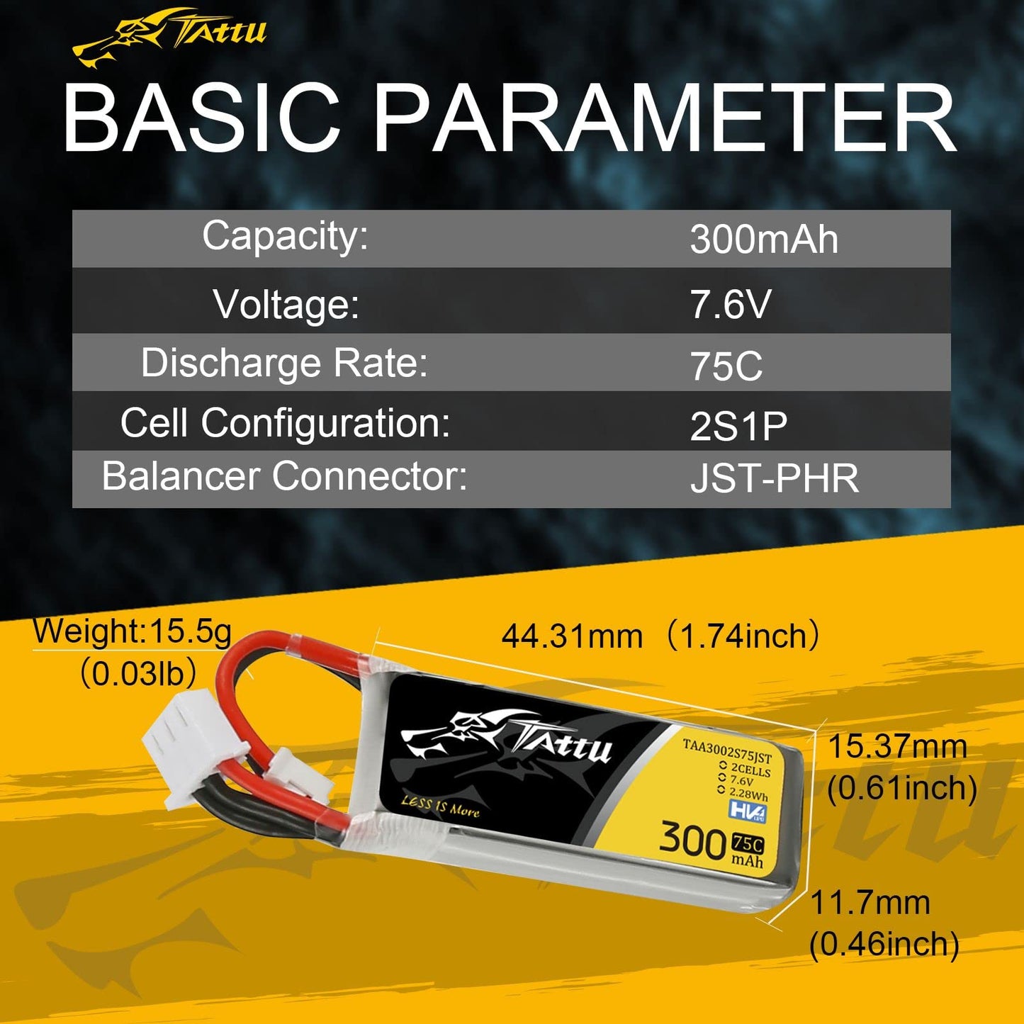 Tattu 2S Lipo Battery 300Mah 7.6V 75C 2S1P Lipo Battery Pack With Jst-Phr Plug