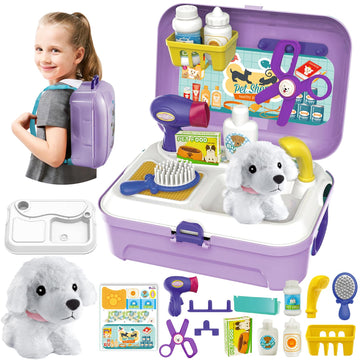 HERSITY Pet Care Vet Kit Kid, Puppy Pretend Play Toy Girl, Toy Dog Bath Grooming Set, Gift 3 4 5 6 Year Old Toddlers Childrens V