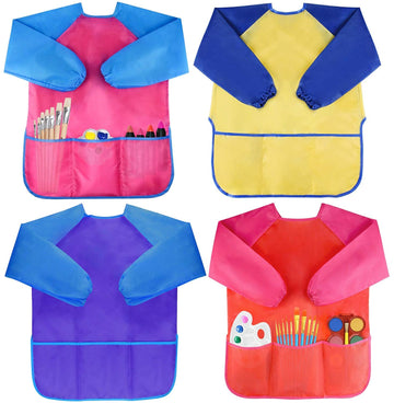 Bassion 4 Pack Kids Art Smocks Toddler Smock Waterproof Artist Painting Aprons Long Sleeve With 3 Pockets For Age 2-6 Years Gift
