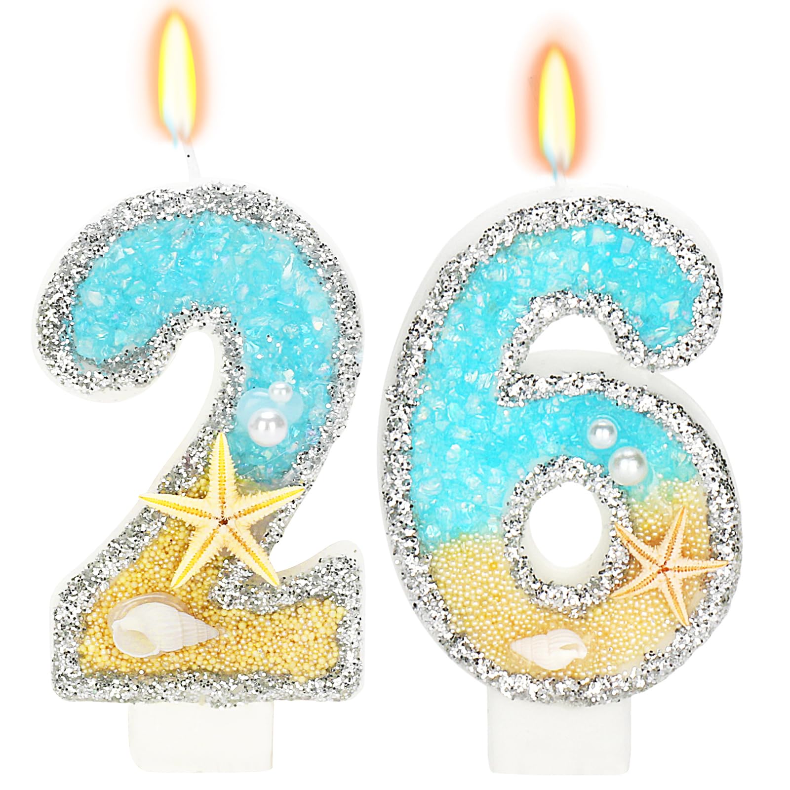 ElekFX 26th Birthday Candle for Cake, Beach Starfish Sequins Number Cake Candles, 2.76 inch Number 26 Happy Birthday Candle, Cak