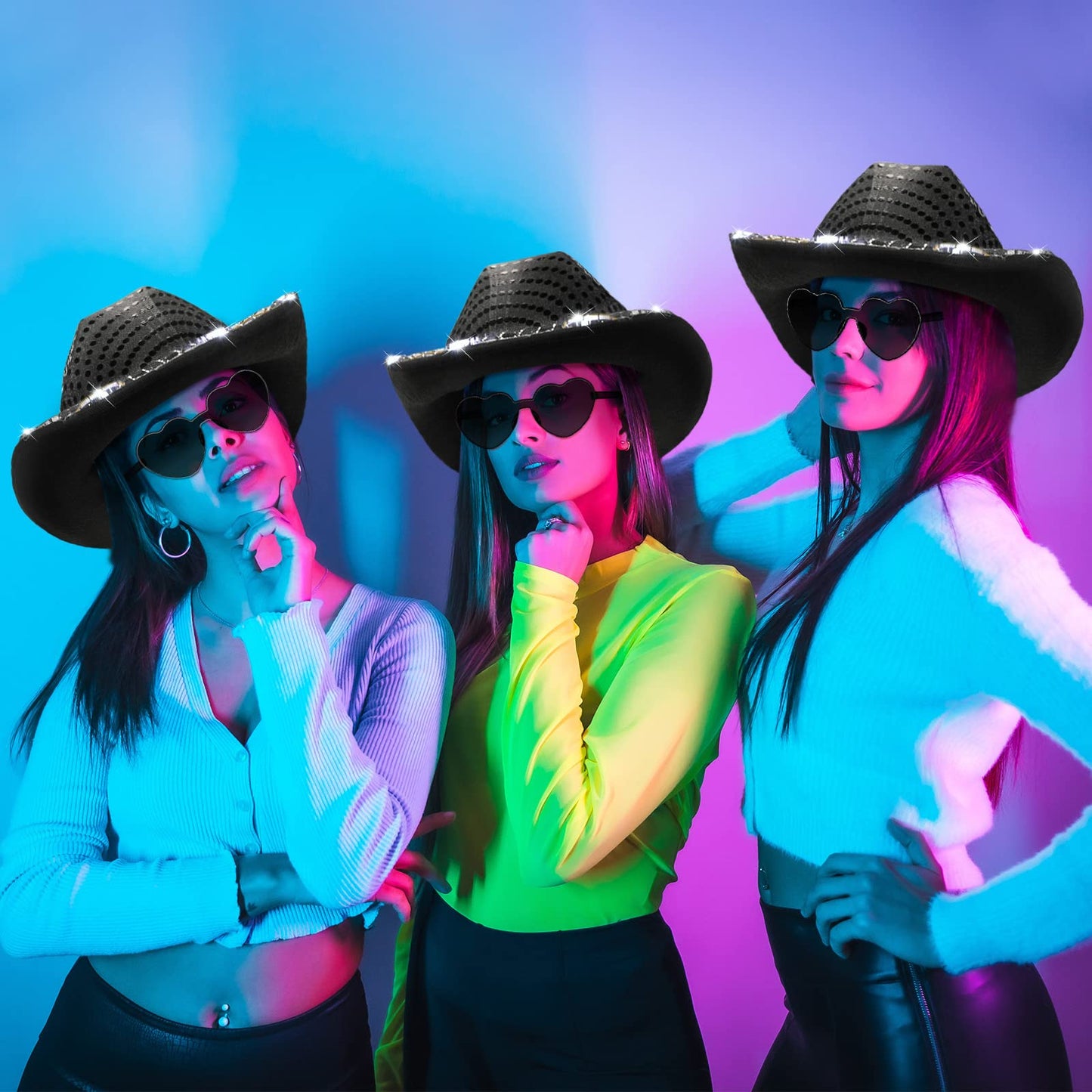 Zhanmai 24 Set LED Cowboy Hat Light Up Glitter Cowboy Hat with Sunglasses Sequin Space Cowgirl Sunglasses for Women Men Costume